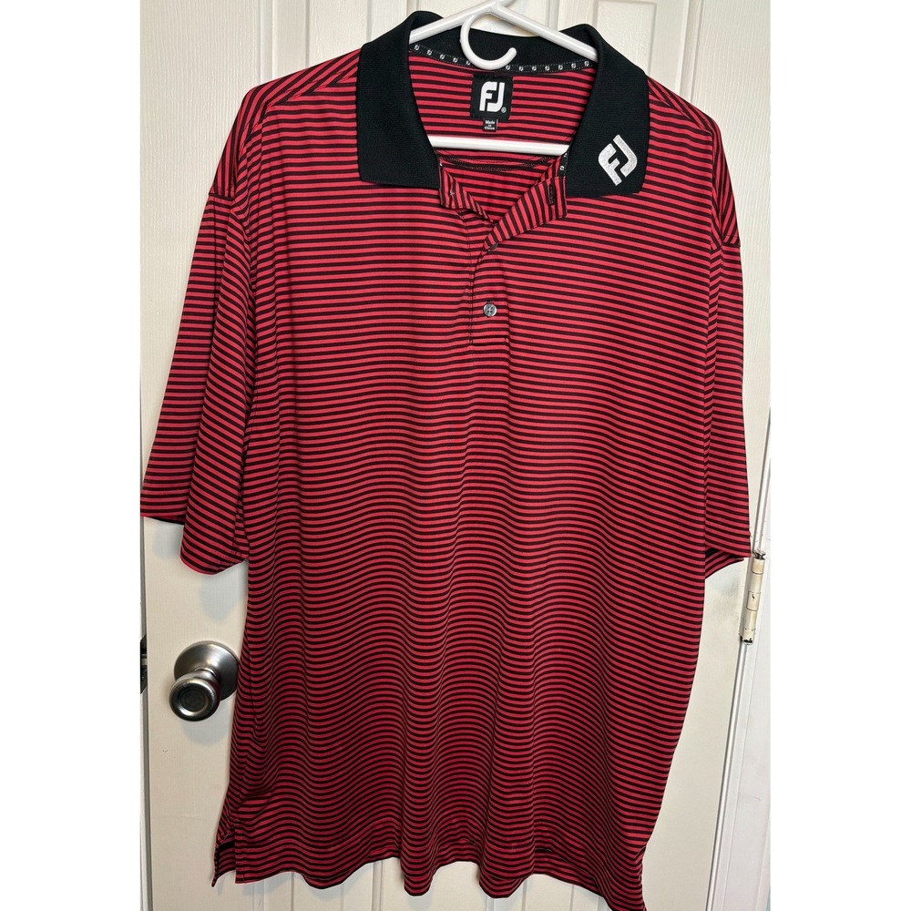 FootJoy Athletic Fit Golf Polo Shirt Mens Xl Black Red Striped FJ On Collar
